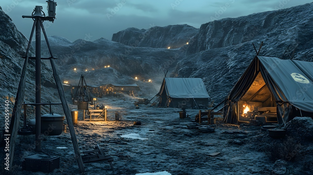 Hyper-realistic 2D depiction of an ancient gold mine camp, with detailed tents, tools, and rugged landscapes Hyper-realistic 2D depiction of an ancient gold mine camp, with detailed tents, tools, and rugged landscapes