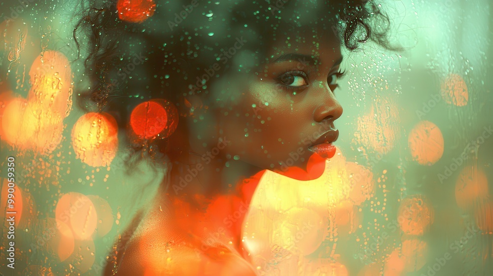 Woman s Face Through Rain Streaked Window with City Lights Woman s Face Through Rain Streaked Window with City Lights