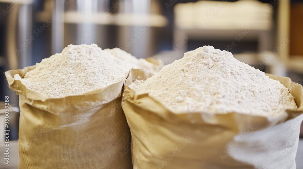 Two bags filled with white flour, standing in a room with a blurred background Two bags filled with white flour, standing in a room with a blurred background