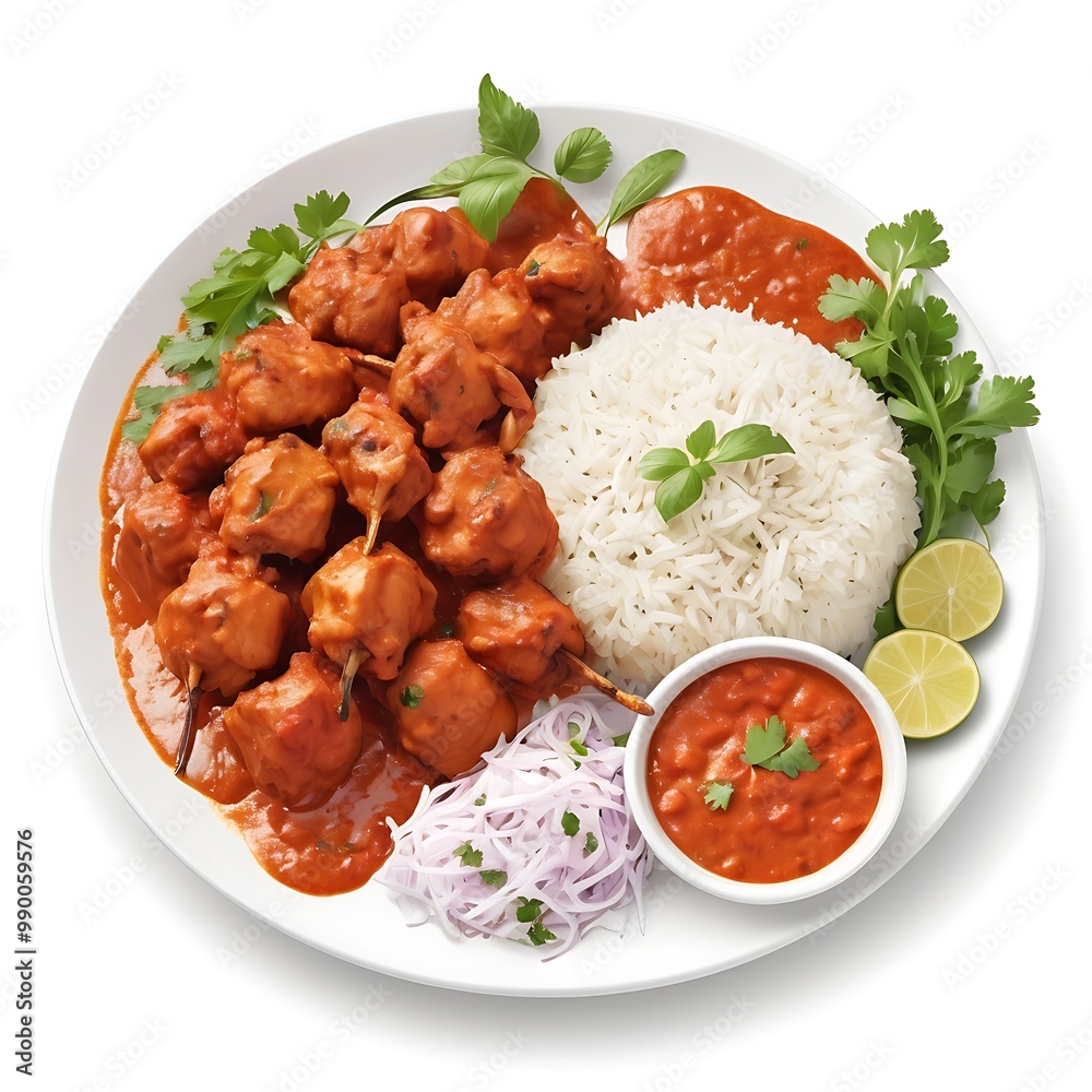 Delicious juicy tasty Chicken tikka dish well cooked with some vegetable served, Chicken tikka masala, cooked marinated chicken in spiced curry sauce