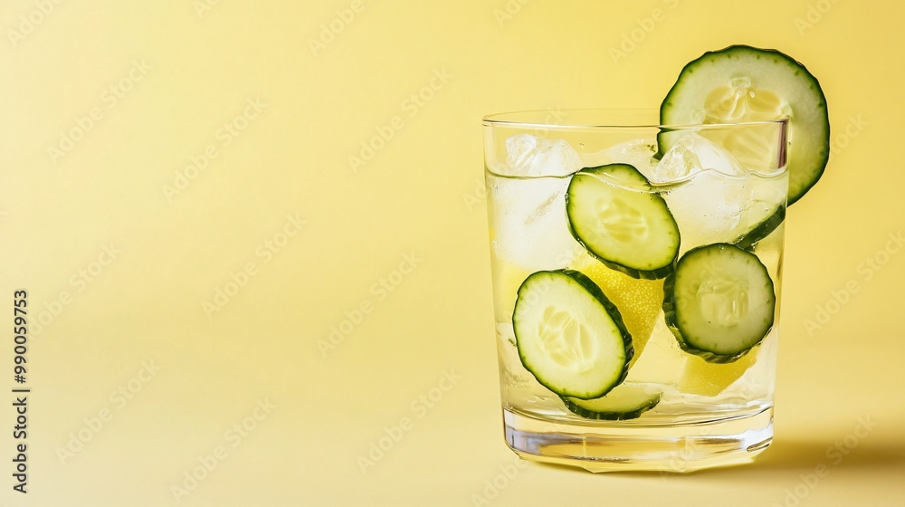 Close up of refreshing cucumber water with ice cubes in a glass. Close up of refreshing cucumber water with ice cubes in a glass.