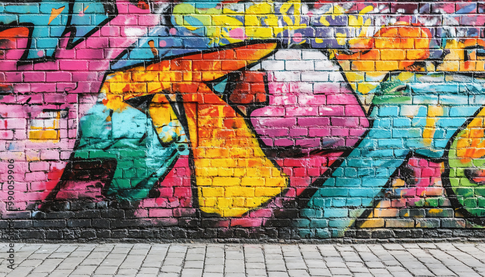Fototapeta premium A graffiti-covered urban wall, showcasing vibrant colors, bold lines, and an edgy, artistic vibe