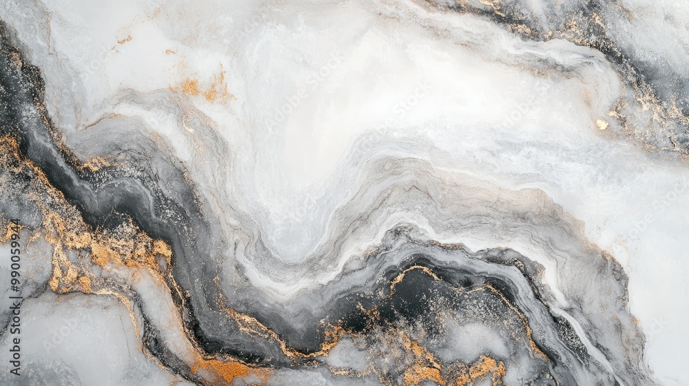 Naklejka premium Abstract Grey and Gold Swirling Marble Texture with Black Accents