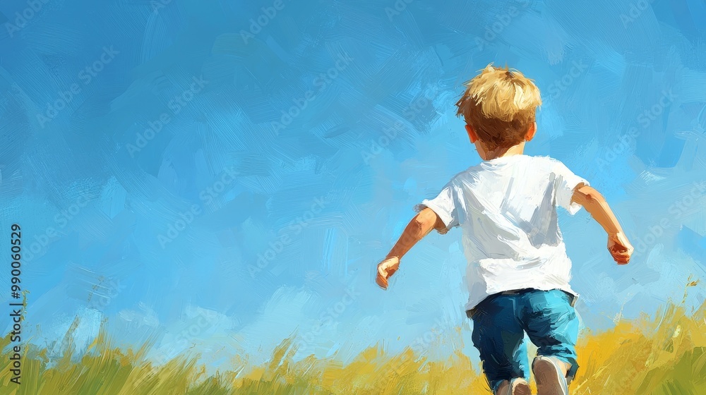 Child Running in a Field Under a Clear Blue Sky - Digital Painting of a Happy Young Boy Enjoying Nature Child Running in a Field Under a Clear Blue Sky - Digital Painting of a Happy Young Boy Enjoying Nature