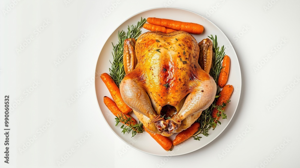 Roasted chicken with rosemary and vegetable pieces in a plate on a white background Roasted chicken with rosemary and vegetable pieces in a plate on a white background