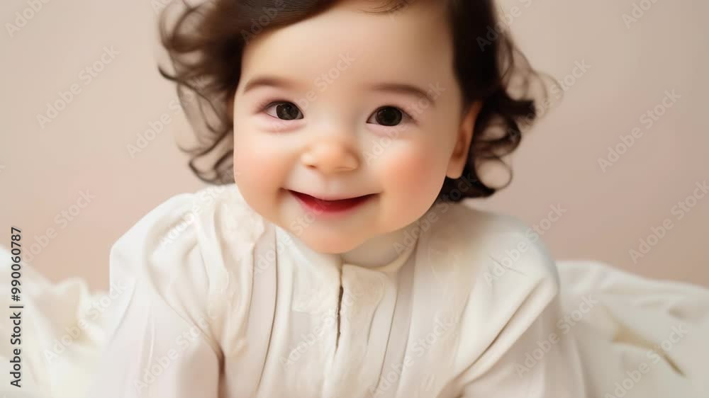 Delightful baby with curly hair smiling warmly in a cozy indoor setting, enjoying playtime during daylight hours Delightful baby with curly hair smiling warmly in a cozy indoor setting, enjoying playtime during daylight hours