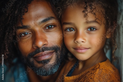 Happy handsome African American dad and cheerful tween kid girl looking at camera with smiles