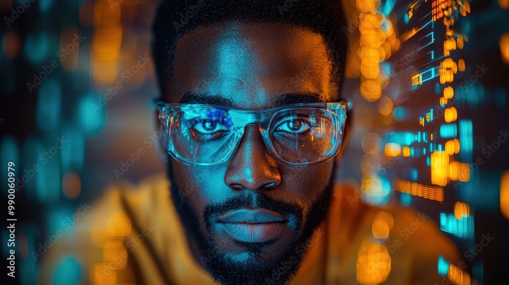 Closeup of Black Man Wearing Glasses Looking at Computer Screen with Blurred Neon Lights Closeup of Black Man Wearing Glasses Looking at Computer Screen with Blurred Neon Lights