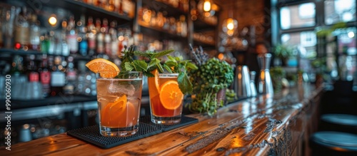 Fototapeta Naklejka Na Ścianę i Meble -  Two Orange and Mint Cocktails on a Bar Counter