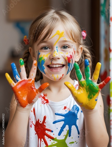 Happy Little Artist with Colorful Handprints photo