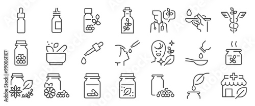 Homeopathy icon set. It included alternative, treatment, holistic, medicine, immune, and more icons. Editable Vector Stroke.
