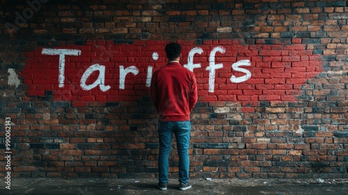 A man in a red jacket stands before a brick wall with 