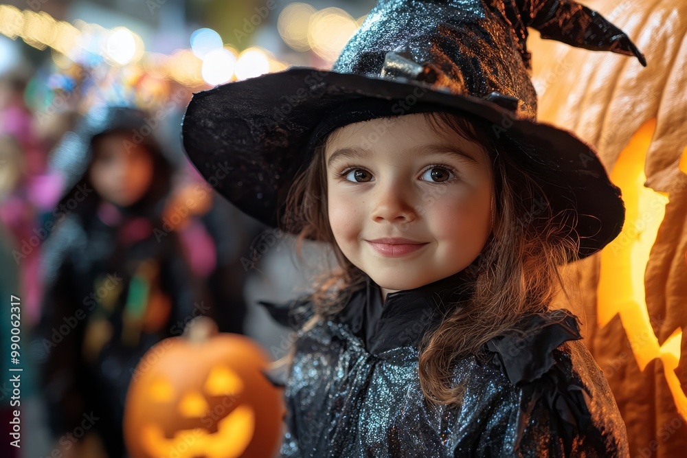 Kid in Witch Costume Marching in Halloween Parade at Night. Kid in Witch Costume Marching in Halloween Parade at Night.