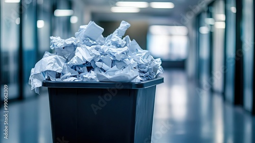 Crumpled papers spilling out of a trash bin in an empty office space, symbolizing lost ideas and inefficiency.