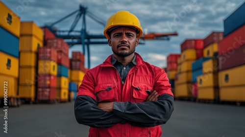 A dockworker in a red uniform, standing seriously among shipping containers, highlights the consequences of trade sanctions on the global trade system.