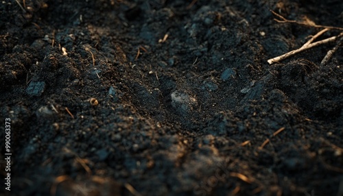 High-Resolution Close-up of Dark Rich Soil with Natural Pebbles, Ideal for Gardening, Nature, and Organic Projects