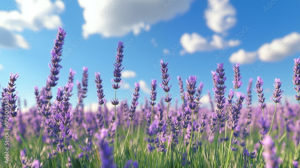 Obraz premium Lavender field under blue sky with fluffy clouds