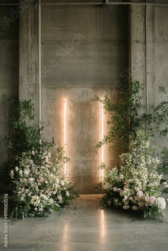 A modern minimalist wedding backdrop featuring a neon sign with the couple's names, surrounded by simple greenery and industrial-style concrete walls