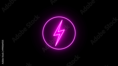 Purple neon lightning bolt, glowing sign. Neon battery charging power symbol, lightning bolt sign in the circle