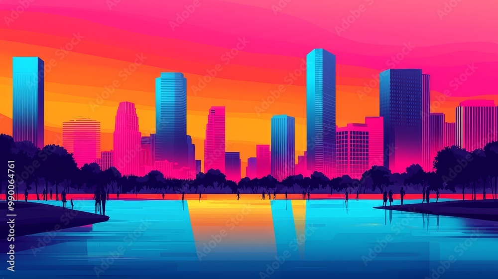 Obraz premium Vibrant Urban Skyline Reflecting in Water at Sunset - Environment Social Governance ESG Concept