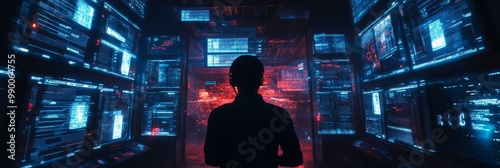 A lone hacker stands in a dark room, surrounded by floating screens displaying code and data, symbolizing the complex and challenging world of cybersecurity. photo