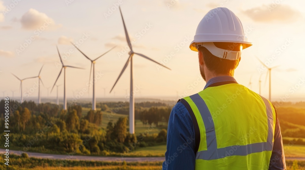 Engineer Overlooking Wind Turbines in a Green Field - Environment Social Governance (ESG) Concept Engineer Overlooking Wind Turbines in a Green Field - Environment Social Governance (ESG) Concept