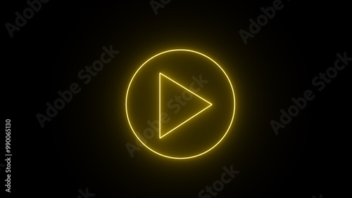 Glowing yellow neon flickering play button sign. Bright neon play button blinking icon with circle