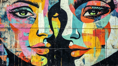 Mural-style graffiti wall, featuring large-scale abstract portraits