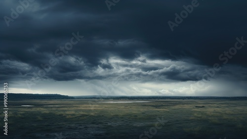 A moody overcast day with thick, low stratus clouds covering the sky, casting a uniform gray light over a quiet, subdued landscape.