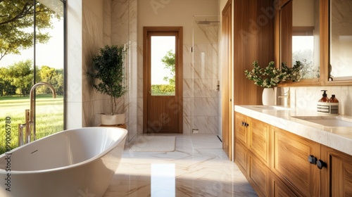 A luxurious bathroom features a spacious soaking tub, double vanity, and large windows overlooking a serene outdoor landscape. This elegant space provides a relaxing and tranquil atmosphere for ultima