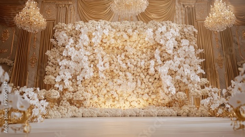 A luxurious wedding backdrop featuring a floral wall made entirely of white roses and orchids, with golden accents and chandeliers creating an elegant setting