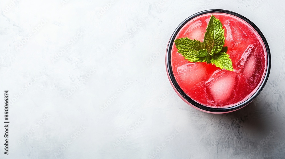 Close-up of a refreshing iced drink with mint leaves and ice in a glass on a light grey background. Close-up of a refreshing iced drink with mint leaves and ice in a glass on a light grey background.