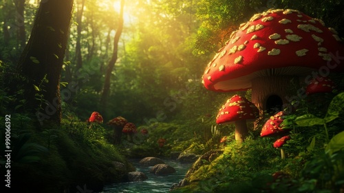 A magical forest filled with sunlight, a trickling stream, and enchanting mushroom houses, symbolizing fantasy, nature, wonder, whimsy, and home.