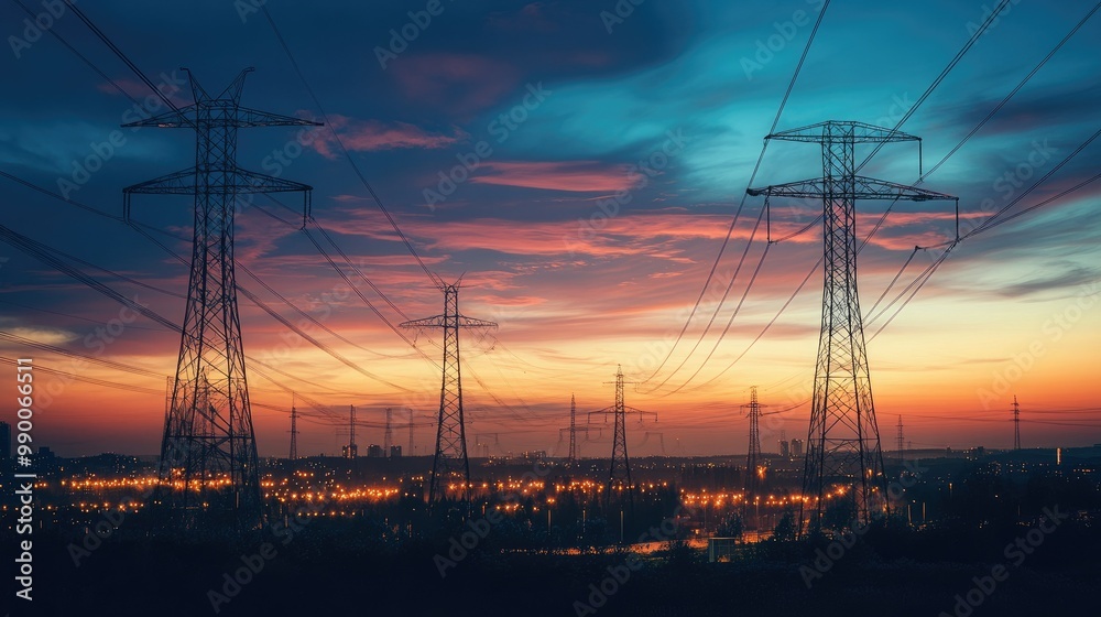 Electrical infrastructure silhouetted at dusk, showcasing the importance of a secure and reliable power grid Electrical infrastructure silhouetted at dusk, showcasing the importance of a secure and reliable power grid
