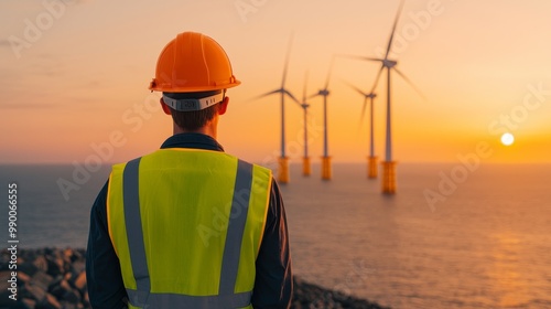 Engineer Overlooking Offshore Wind Turbines at Sunset - Renewable Energy and Sustainable Development