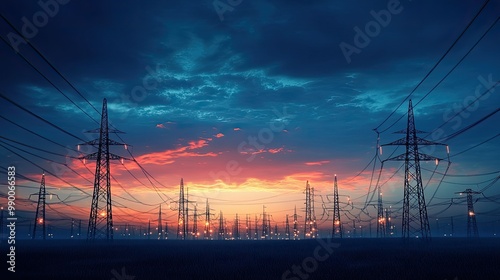 Electricity grid infrastructure glowing against a darkening sky, symbolizing the importance of energy security photo