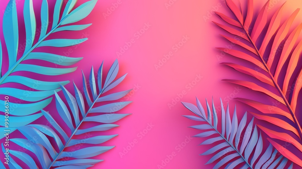 Vibrant Tropical Palm Leaves on Gradient Pink and Orange Background - Modern Botanical Design Vibrant Tropical Palm Leaves on Gradient Pink and Orange Background - Modern Botanical Design