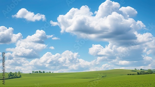 A striking scene of puffy cumulus clouds drifting across a bright, midday sky, their white tops casting shadows on a rolling green countryside.