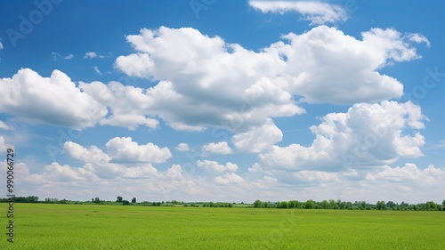 A striking scene of puffy cumulus clouds drifting across a bright, midday sky, their white tops casting shadows on a rolling green countryside.