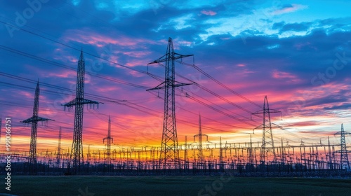 Electricity pylons and power infrastructure at sunset, emphasizing the importance of securing the energy grid