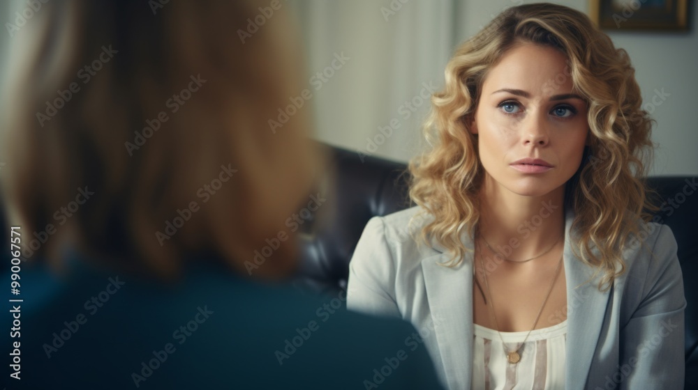 Visit to a psychologist. Woman sits on a couch and talks to a psychotherapist. Visit to a psychologist. Woman sits on a couch and talks to a psychotherapist.