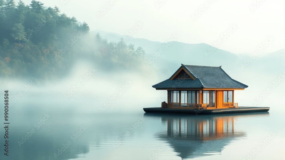 Fototapeta premium A floating tea house on a tranquil lake, with gentle ripples on the water and a misty backdrop of distant mountains, creating a dreamlike setting