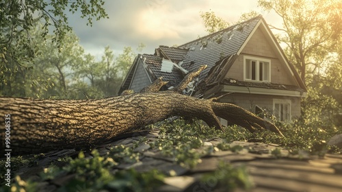 Fallen tree lying across a damaged house roof, symbolizing home insurance for protection against natural disasters