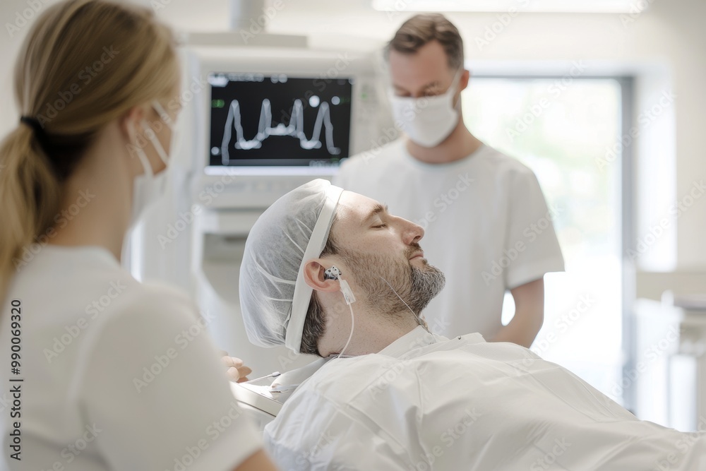 Proficient Medical Team Preparing Patient for Deep Brain Stimulation Procedure Proficient Medical Team Preparing Patient for Deep Brain Stimulation Procedure