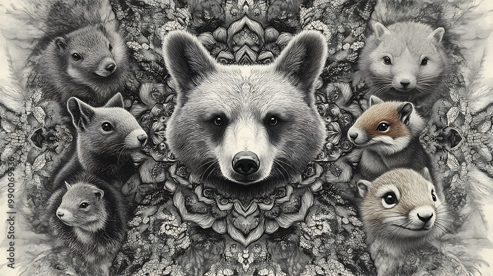 A mandala with forest animals like bears, foxes, and squirrels interwoven in symmetrical layers, black and white, intricate fur textures, crisp lines, nature-inspired balance. --ar 16:9 --no logo A mandala with forest animals like bears, foxes, and squirrels interwoven in symmetrical layers, black and white, intricate fur textures, crisp lines, nature-inspired balance. --ar 16:9 --no logo