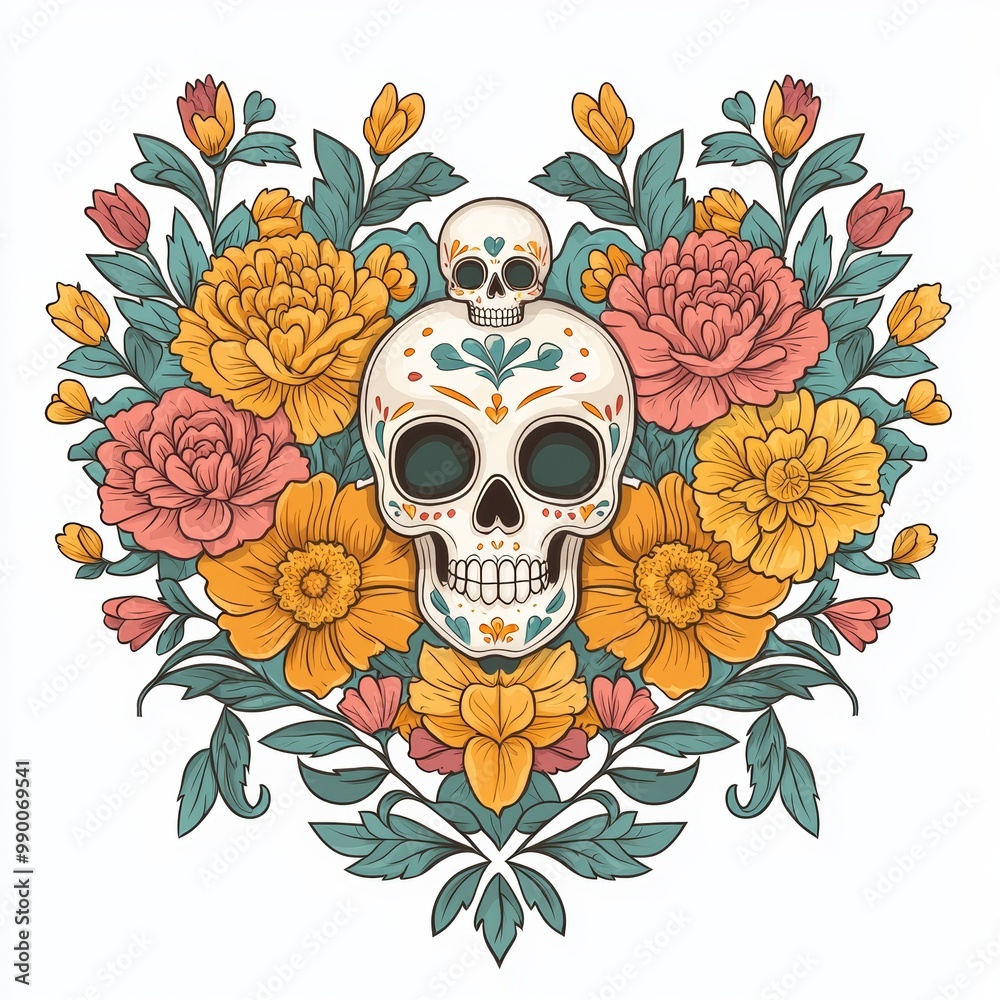 Fototapeta premium A vibrant heart-shaped design featuring a decorated skull and colorful flowers, blending themes of life and death in a unique artistic style.