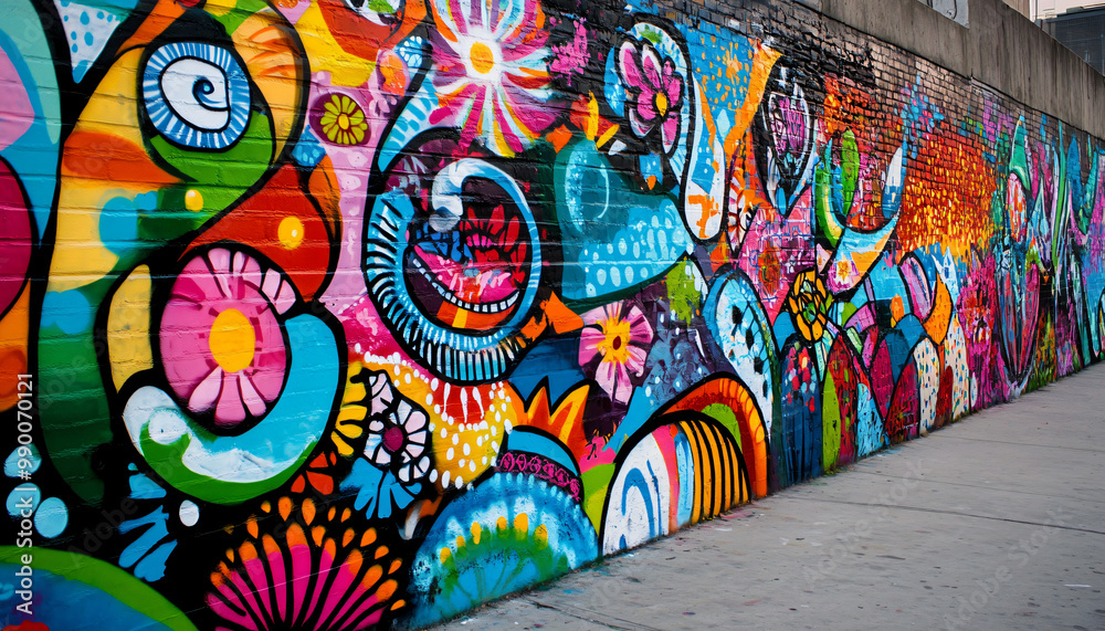 Fototapeta premium A graffiti-covered urban wall, showcasing vibrant colors, bold lines, and an edgy, artistic vibe