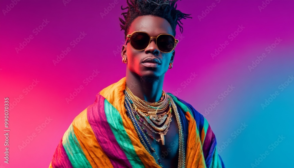Stylish Man Posing in Colorful Fashion Look with Sunglasses Against Neon Backdrop Stylish Man Posing in Colorful Fashion Look with Sunglasses Against Neon Backdrop