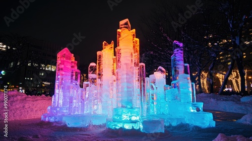 Frozen ice sculptures illuminated by colorful lights at the Sapporo Snow Festival nighttime event. photo