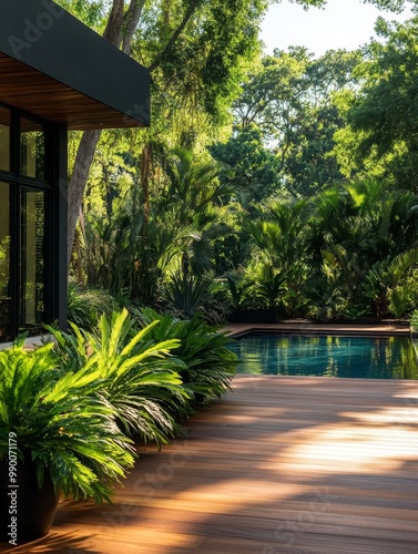 A modern backyard oasis with a sparkling pool surrounded by lush tropical plants, creating a serene and inviting atmosphere. The wooden deck leads to the pool, offering a perfect spot to relax and enj photo